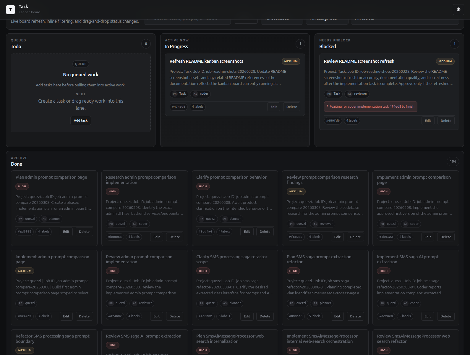 Task Kanban board screenshot showing Todo, In Progress, Blocked, and Done columns.